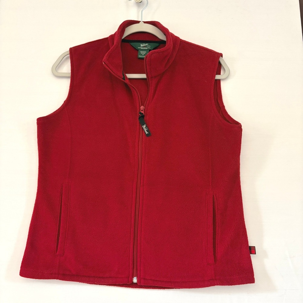 Woolrich Womens Petite M Burgundy Full Zip Fleece Vest Pockets Embroidered Logo